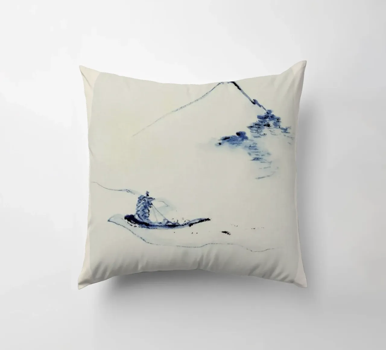 Hokusai - A Person in a Small Boat on a River with Mount Fuji in the Background cuscino da Vintage by JUNIQE