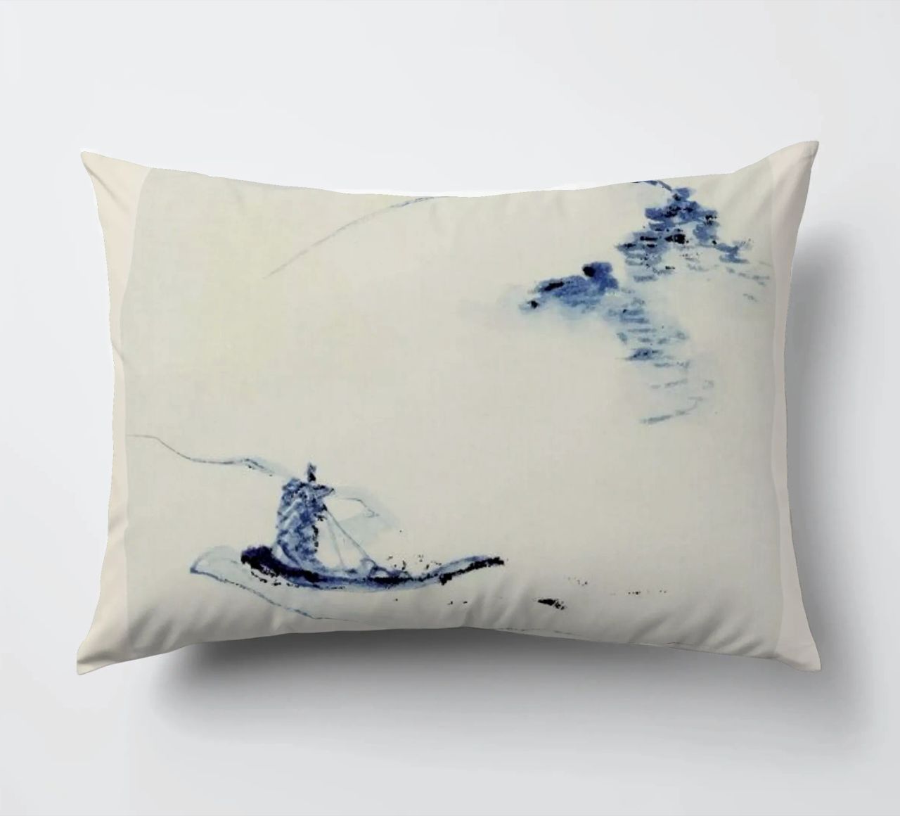 Hokusai - A Person in a Small Boat on a River with Mount Fuji in the Background cuscino da Vintage by JUNIQE