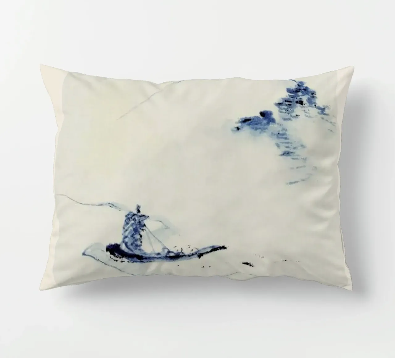 Hokusai - A Person in a Small Boat on a River with Mount Fuji in the Background cuscino da Vintage by JUNIQE