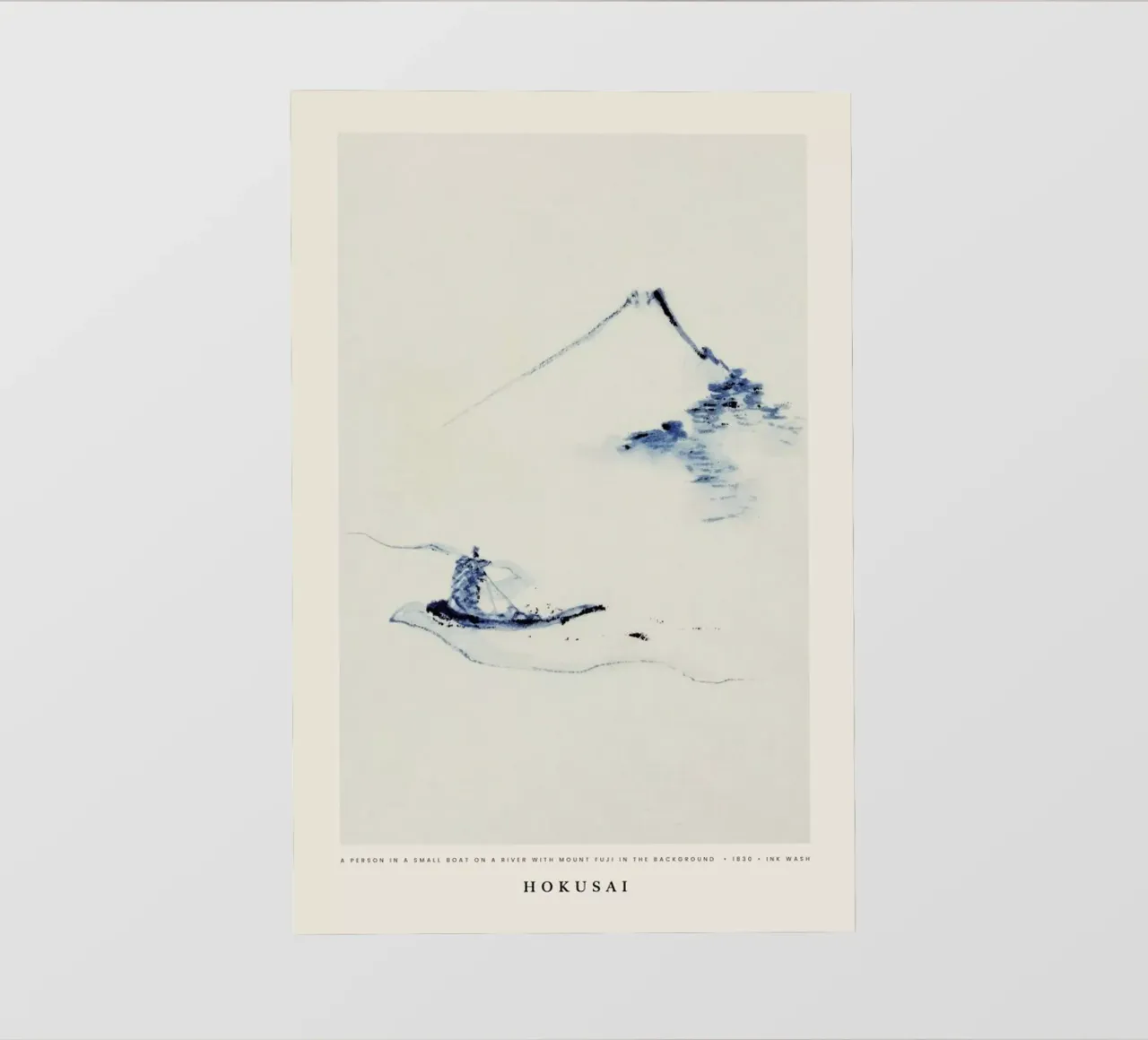 Hokusai - A Person in a Small Boat on a River with Mount Fuji in the Background lámina retroiluminada de Vintage by JUNIQE
