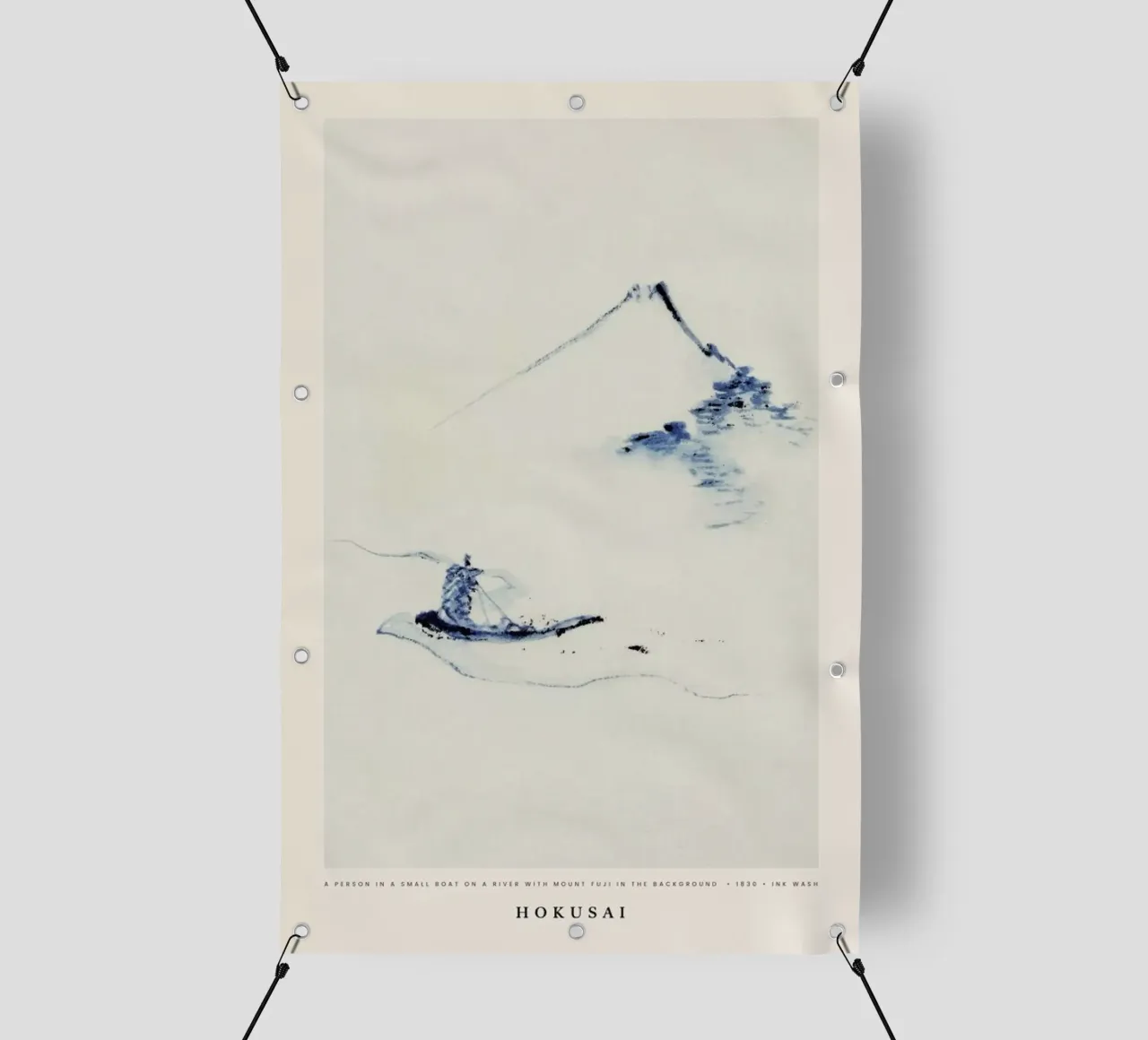 Hokusai - A Person in a Small Boat on a River with Mount Fuji in the Background lonas publicitarias de Vintage by JUNIQE