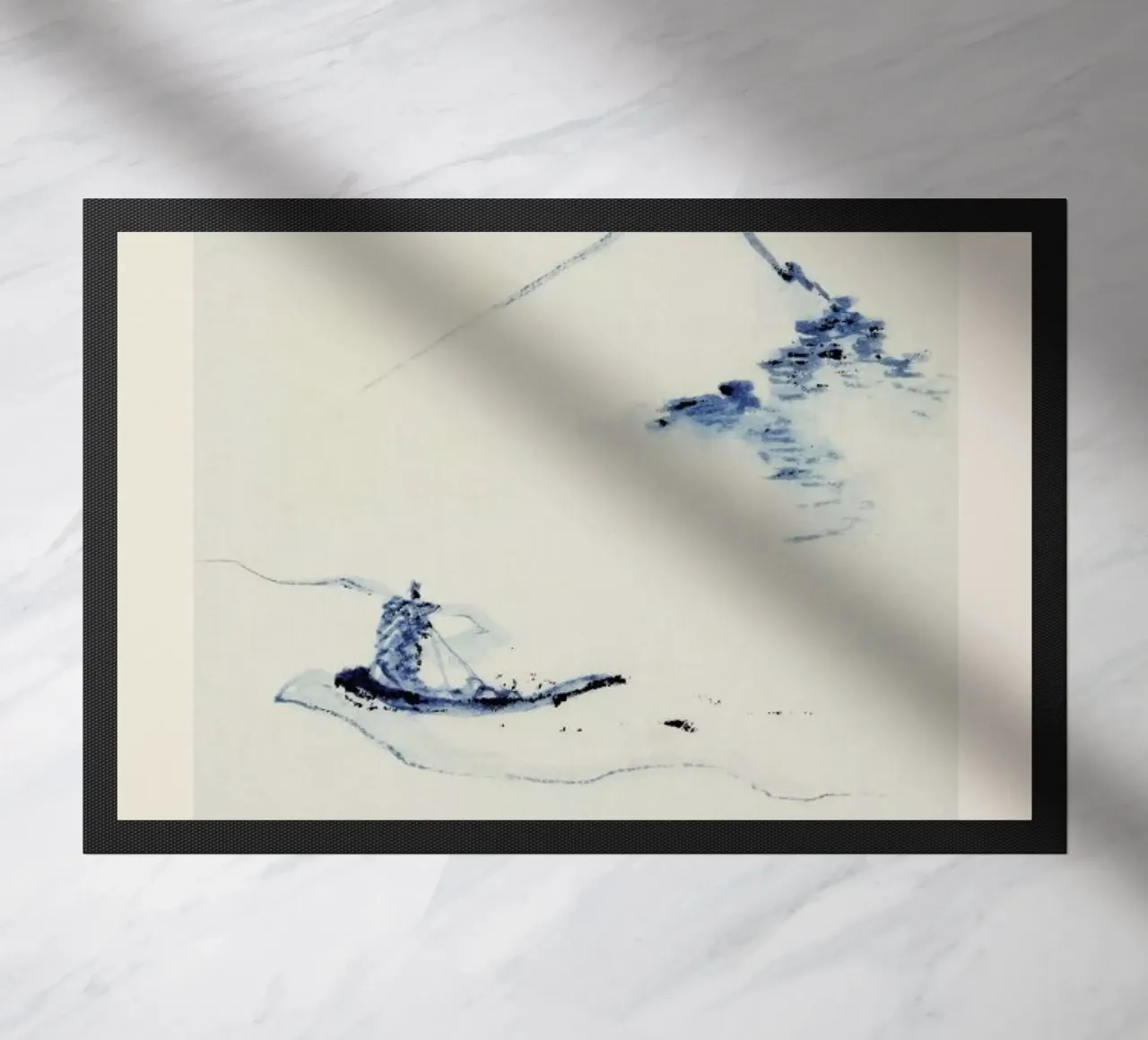 Hokusai - A Person in a Small Boat on a River with Mount Fuji in the Background zerbino da Vintage by JUNIQE