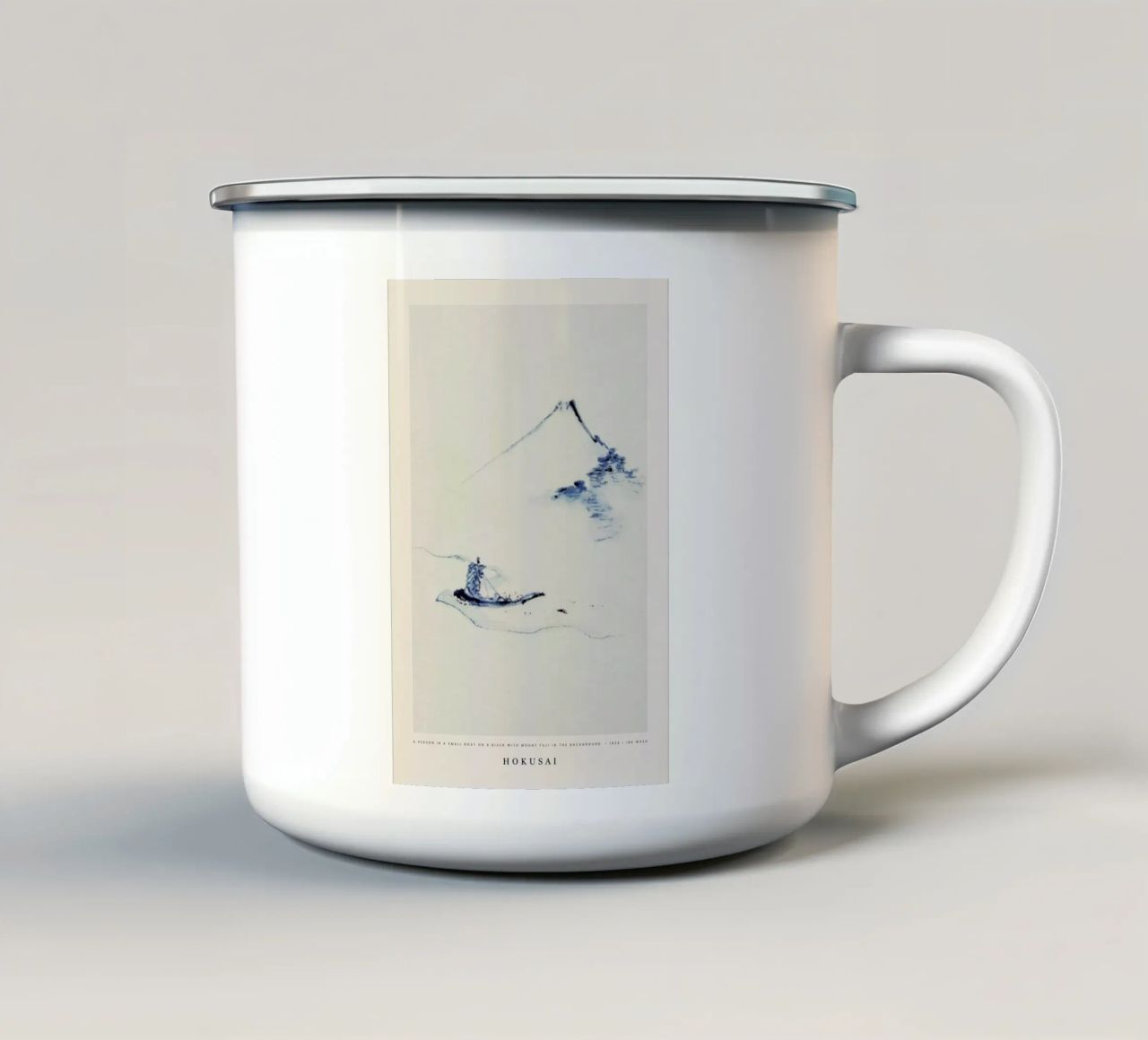 Hokusai - A Person in a Small Boat on a River with Mount Fuji in the Background tazza in smalto da Vintage by JUNIQE
