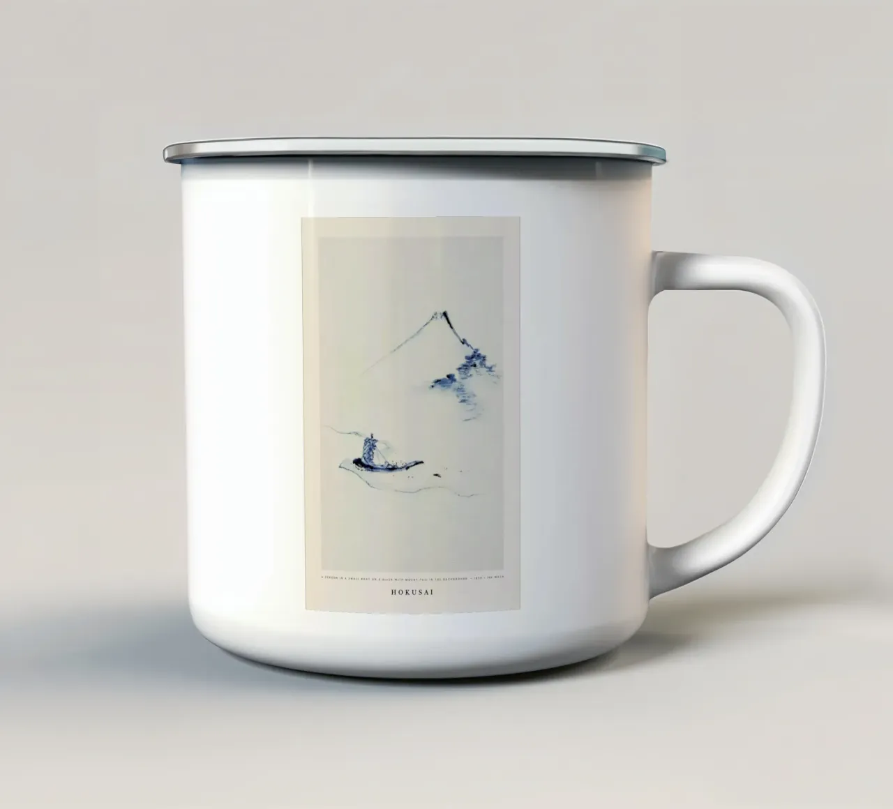 Hokusai - A Person in a Small Boat on a River with Mount Fuji in the Background Emaille Tasse von Vintage by JUNIQE
