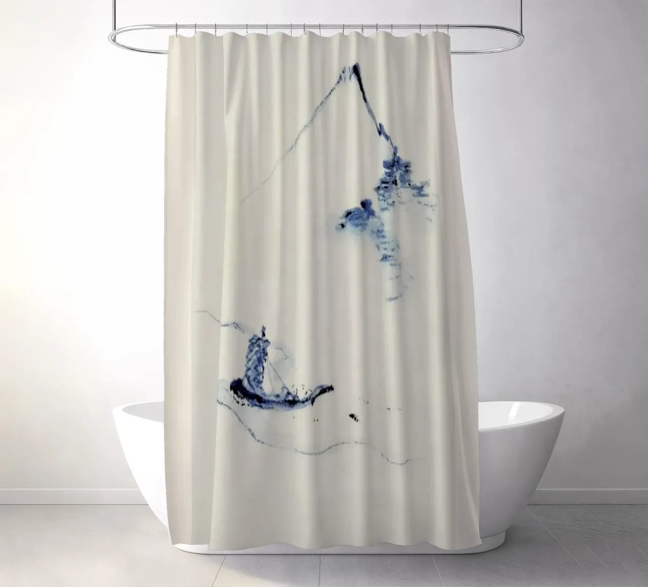 Hokusai - A Person in a Small Boat on a River with Mount Fuji in the Background tenda da doccia da Vintage by JUNIQE