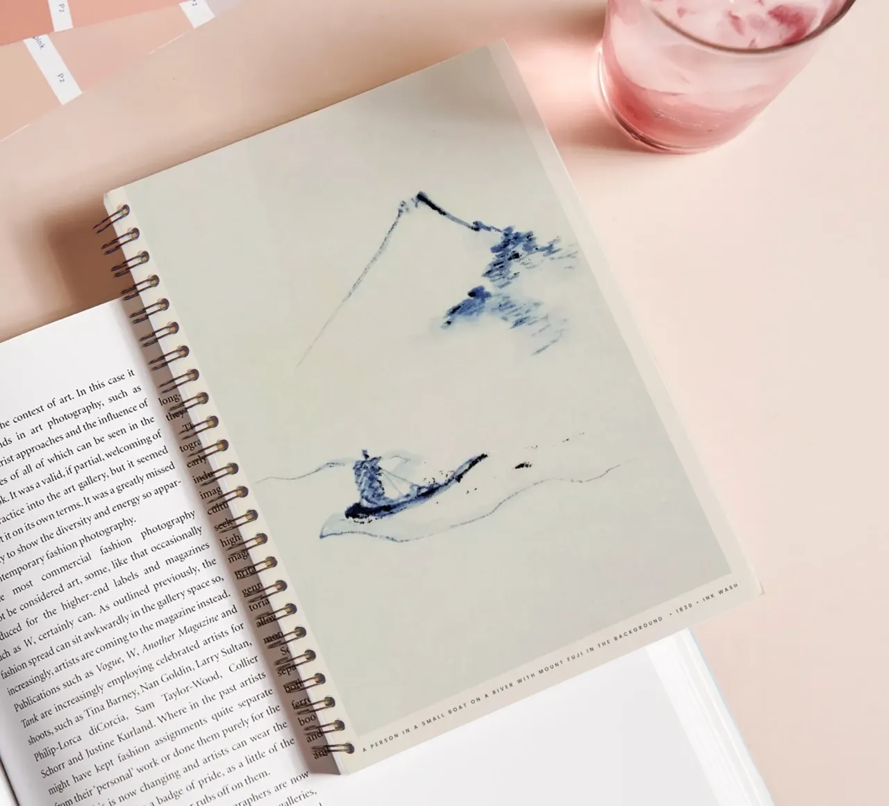 Hokusai - A Person in a Small Boat on a River with Mount Fuji in the Background spiral notebook by Vintage by JUNIQE