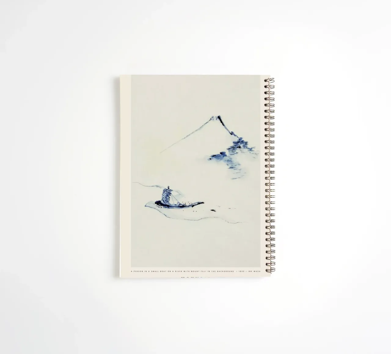 Hokusai - A Person in a Small Boat on a River with Mount Fuji in the Background spiral notebook by Vintage by JUNIQE