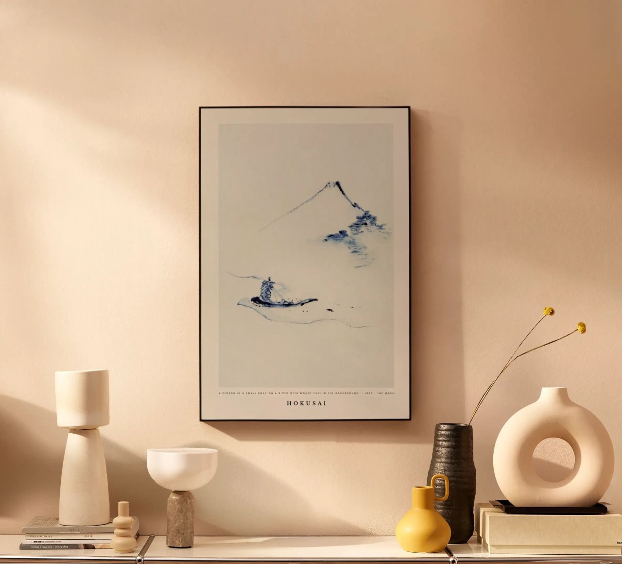 Hokusai - A Person in a Small Boat on a River with Mount Fuji in the Background plexiglass da Vintage by JUNIQE