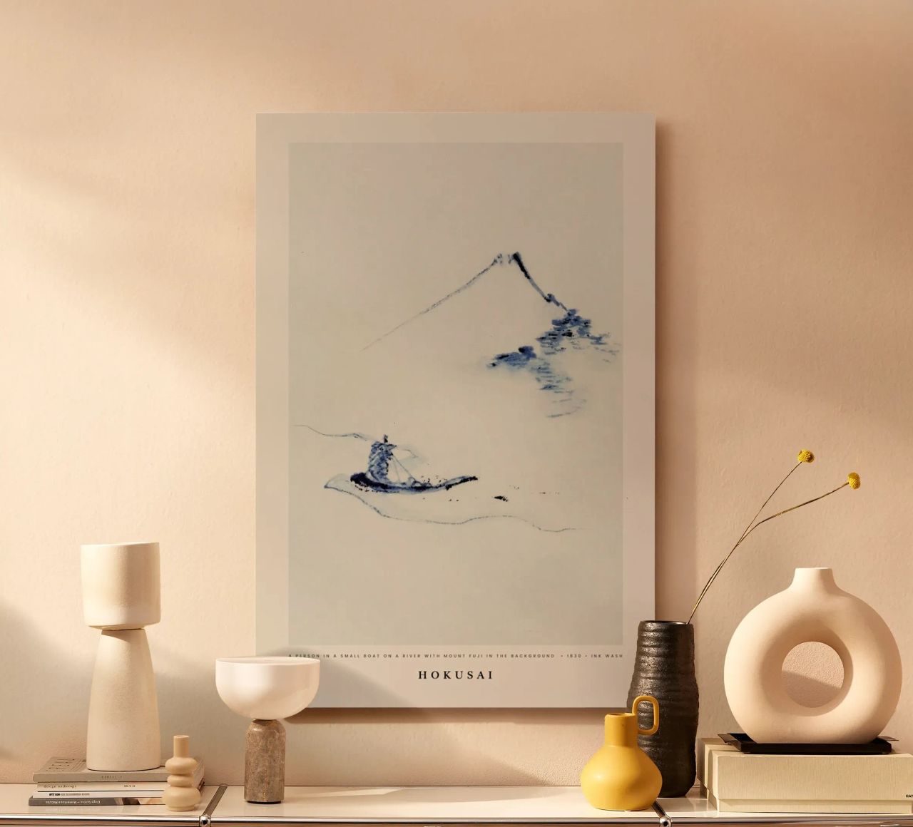 Hokusai - A Person in a Small Boat on a River with Mount Fuji in the Background alluminio dibond da Vintage by JUNIQE
