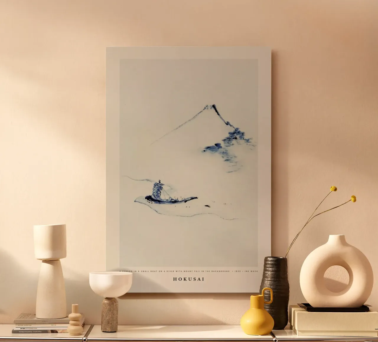 Hokusai - A Person in a Small Boat on a River with Mount Fuji in the Background alluminio dibond da Vintage by JUNIQE