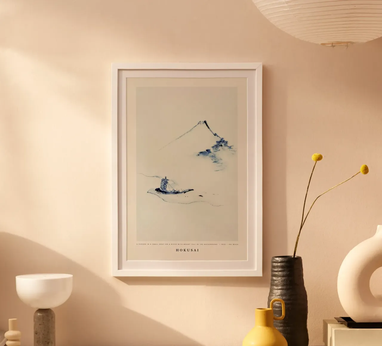 Hokusai - A Person in a Small Boat on a River with Mount Fuji in the Background poster da Vintage by JUNIQE