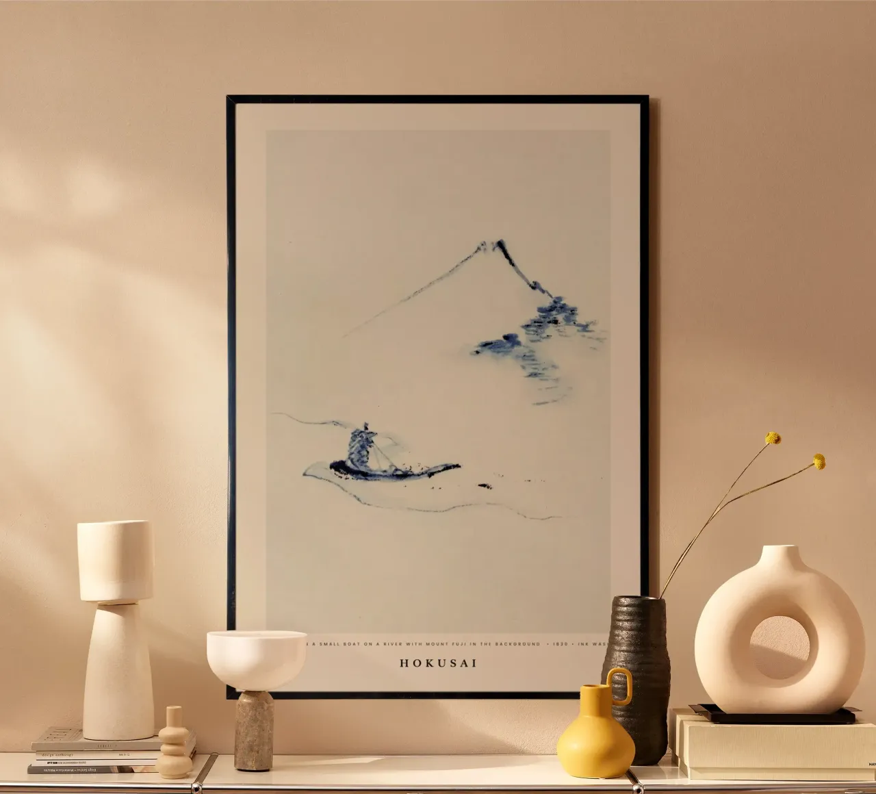 Hokusai - A Person in a Small Boat on a River with Mount Fuji in the Background poster da Vintage by JUNIQE