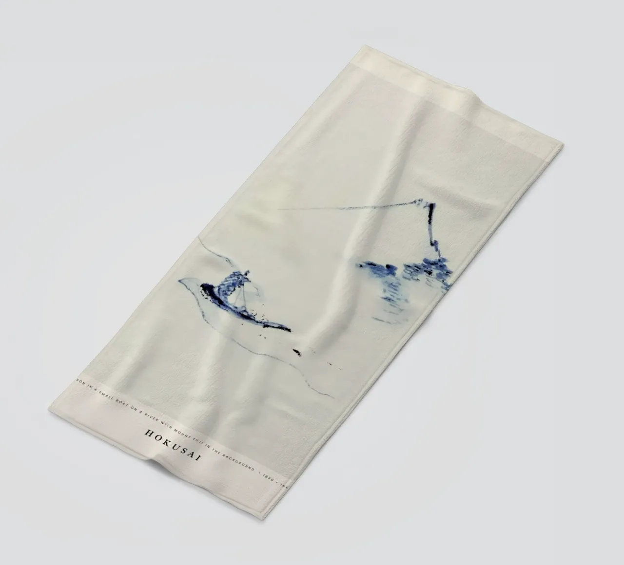 Hokusai - A Person in a Small Boat on a River with Mount Fuji in the Background telo mare da Vintage by JUNIQE