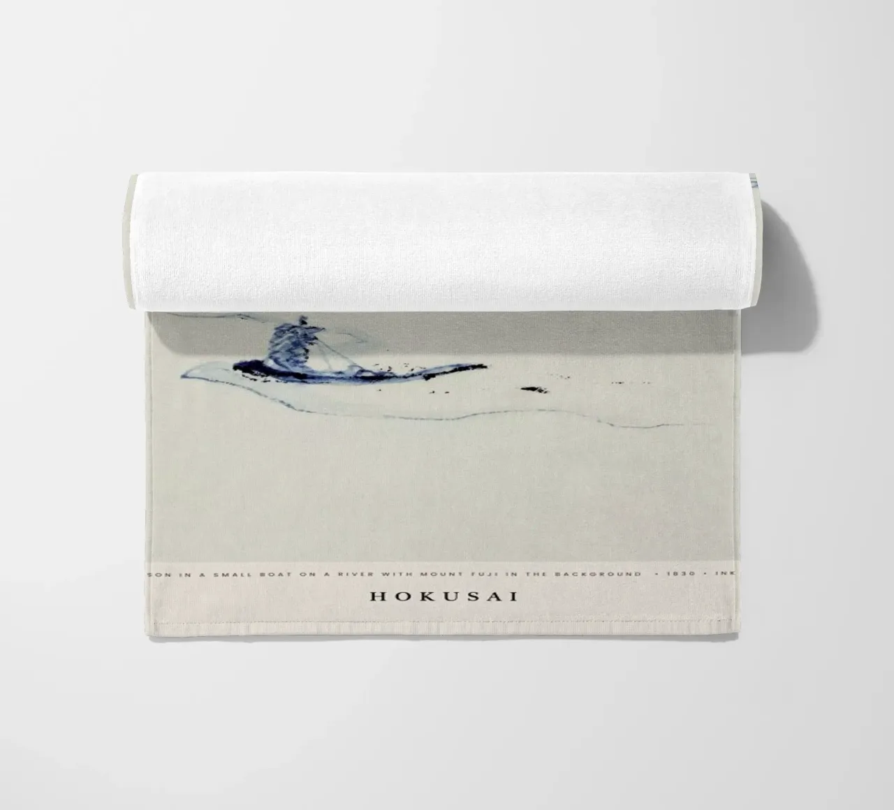 Hokusai - A Person in a Small Boat on a River with Mount Fuji in the Background telo mare da Vintage by JUNIQE