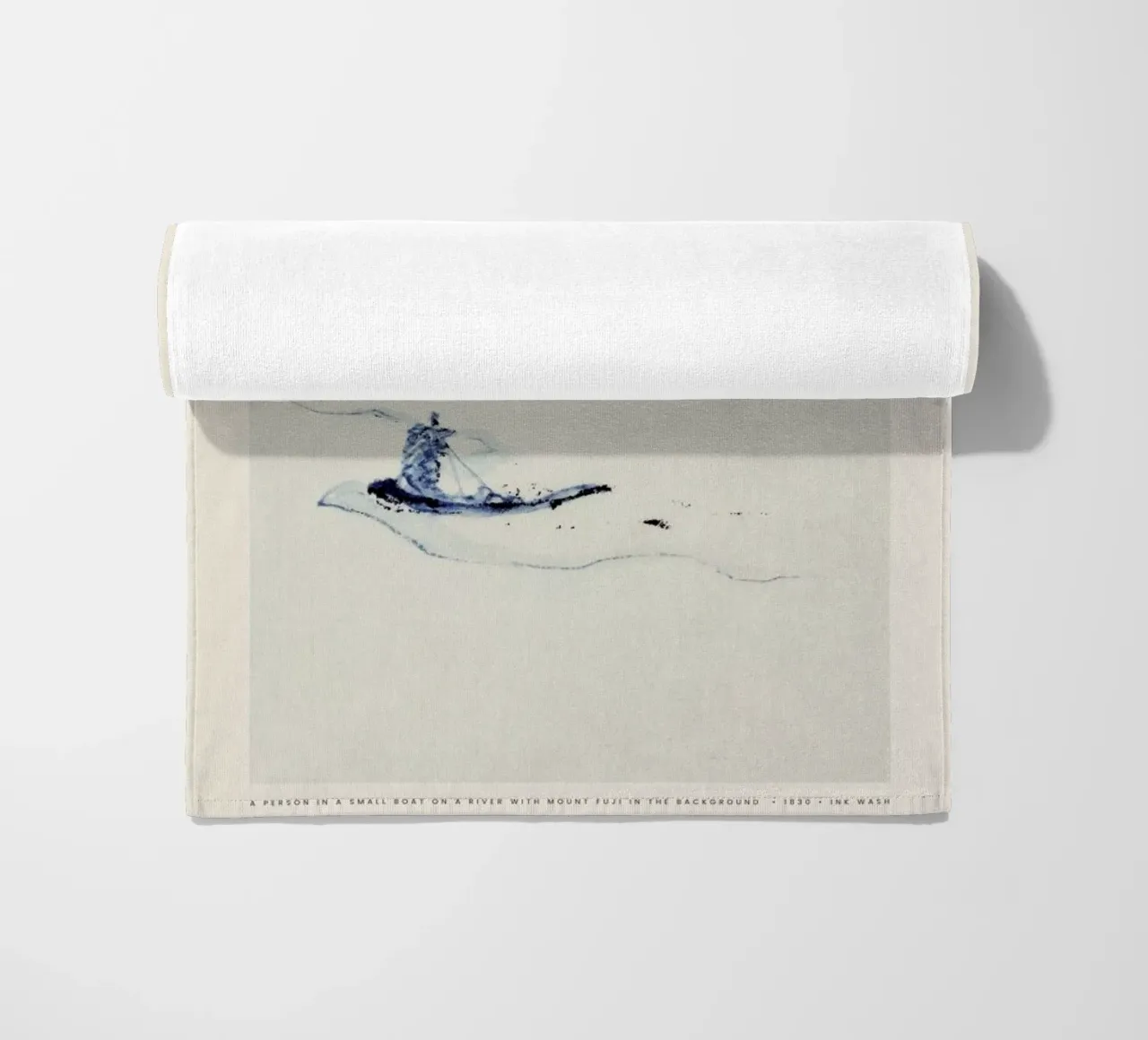 Hokusai - A Person in a Small Boat on a River with Mount Fuji in the Background telo mare da Vintage by JUNIQE