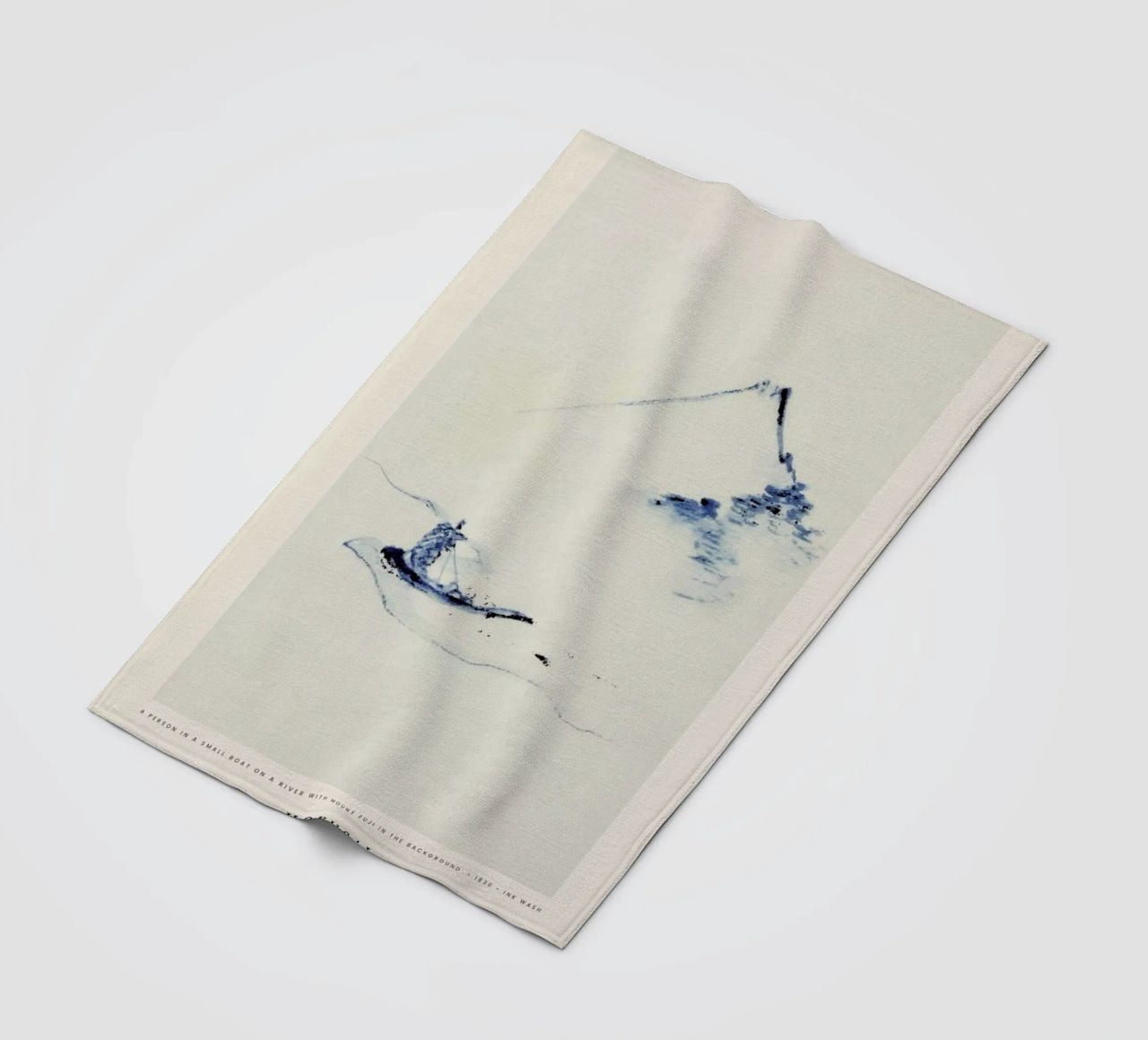 Hokusai - A Person in a Small Boat on a River with Mount Fuji in the Background coperta in pile da Vintage by JUNIQE