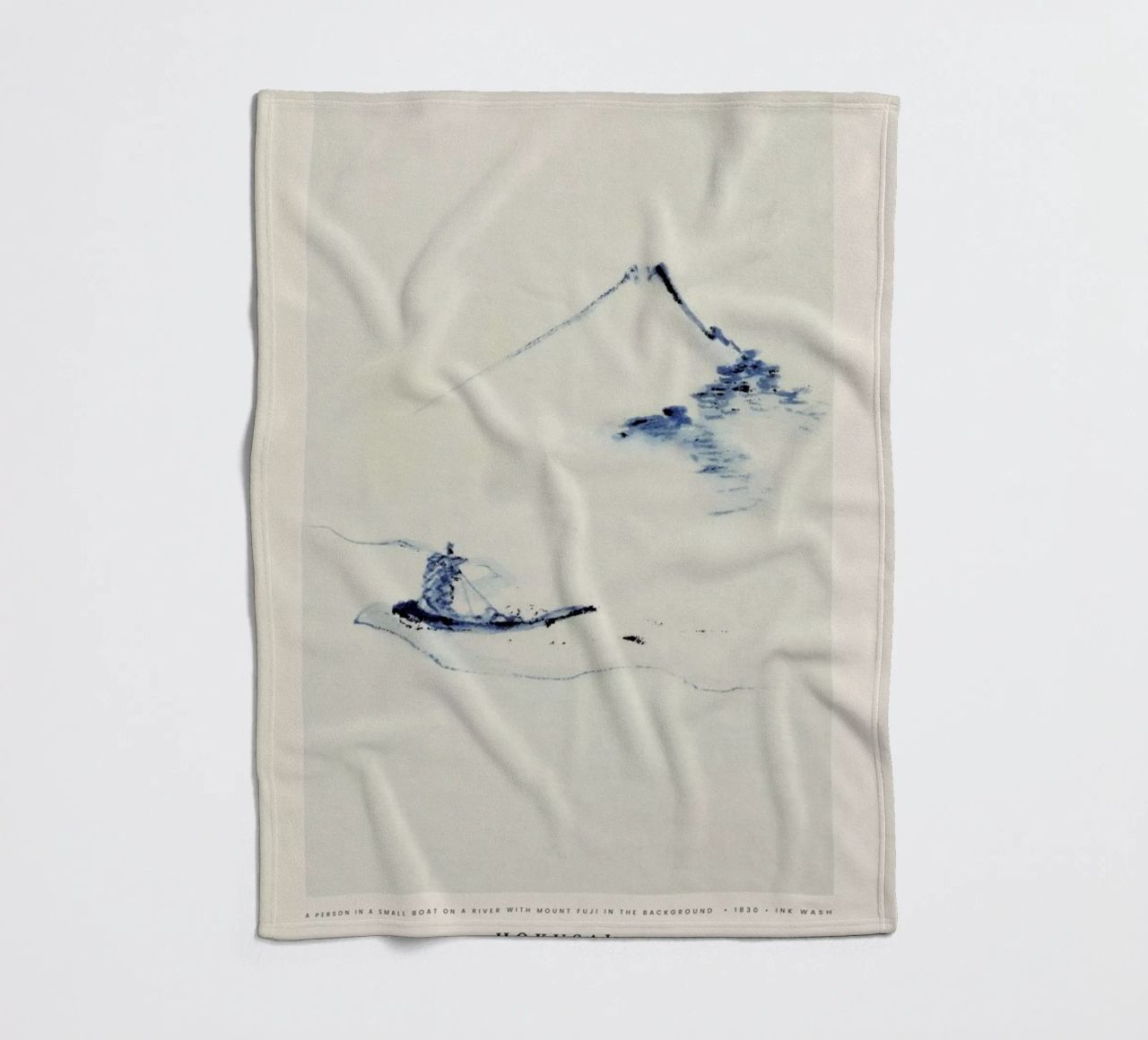 Hokusai - A Person in a Small Boat on a River with Mount Fuji in the Background coperta in pile da Vintage by JUNIQE