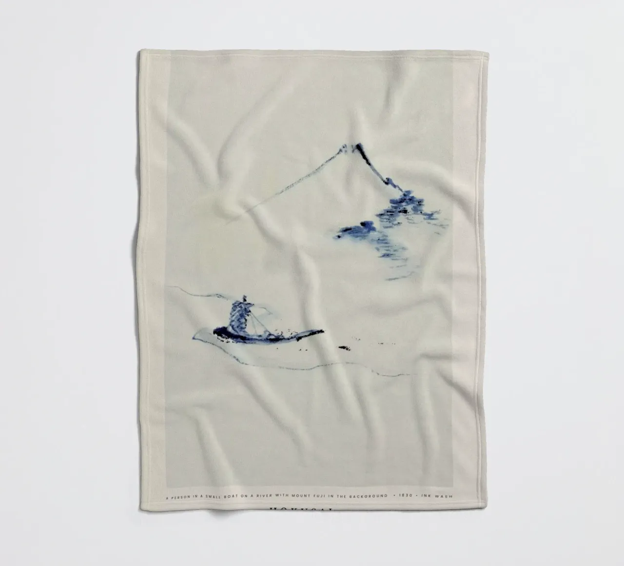 Hokusai - A Person in a Small Boat on a River with Mount Fuji in the Background coperta in pile da Vintage by JUNIQE