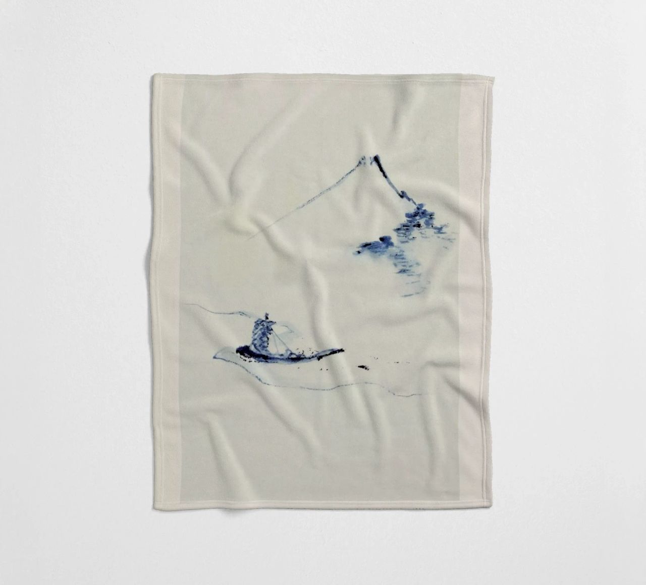 Hokusai - A Person in a Small Boat on a River with Mount Fuji in the Background coperta in pile da Vintage by JUNIQE