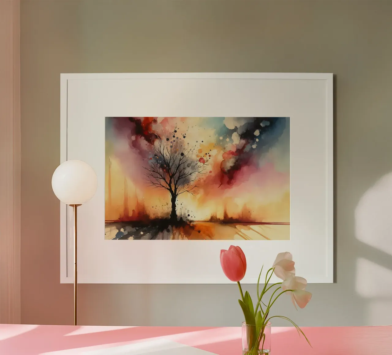 Einsamer Baum in der Abenddämmerung Poster mit Aluminium Rahmen von Chromatic Fusion Studio