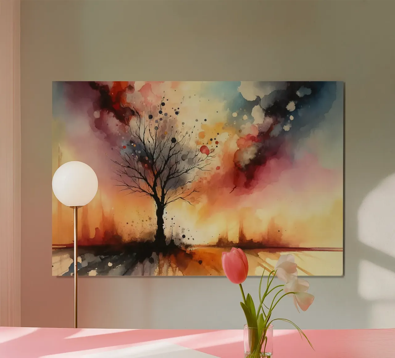 Einsamer Baum in der Abenddämmerung Poster mit Aluminium Rahmen von Chromatic Fusion Studio