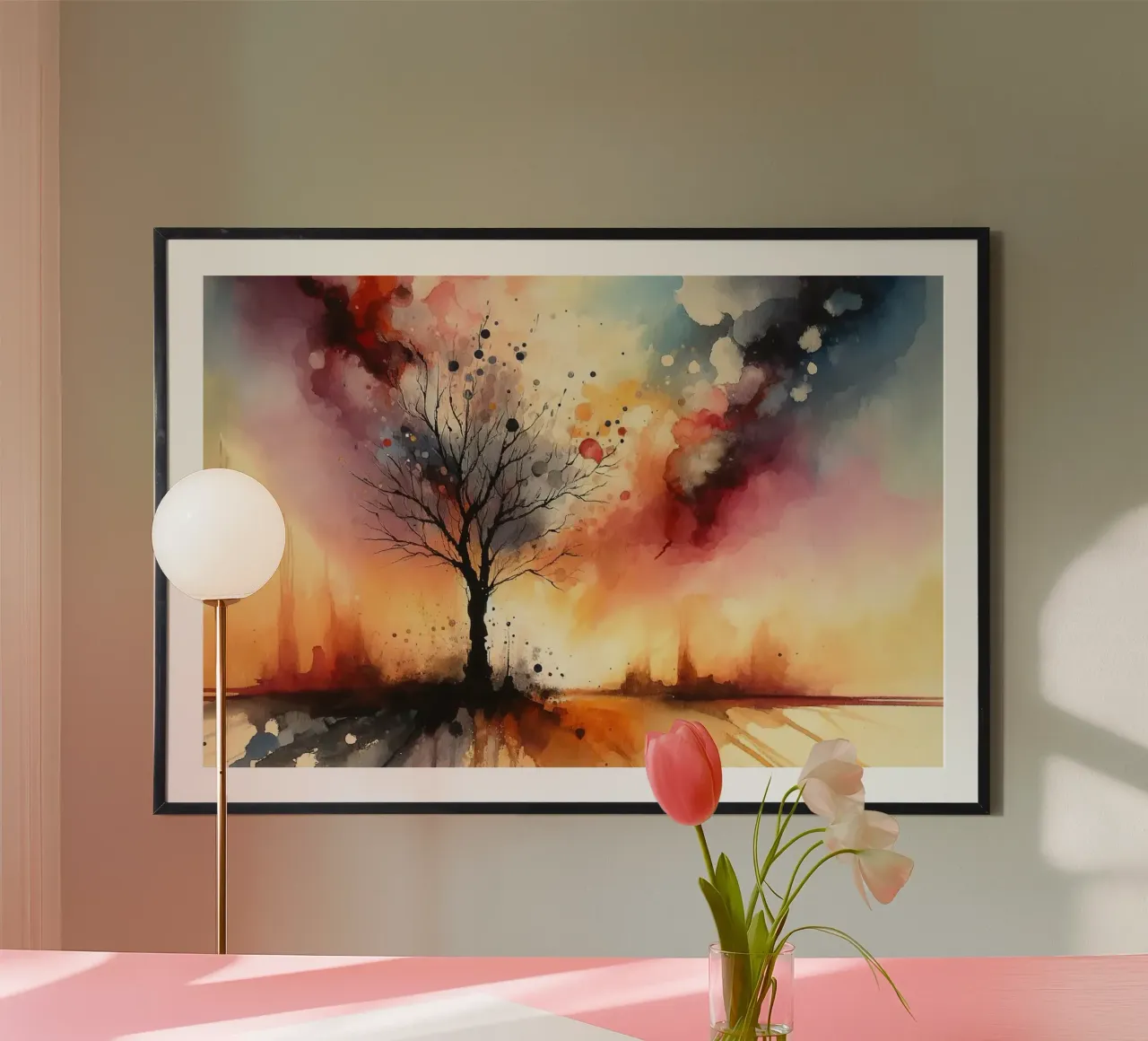 Einsamer Baum in der Abenddämmerung Poster mit Aluminium Rahmen von Chromatic Fusion Studio