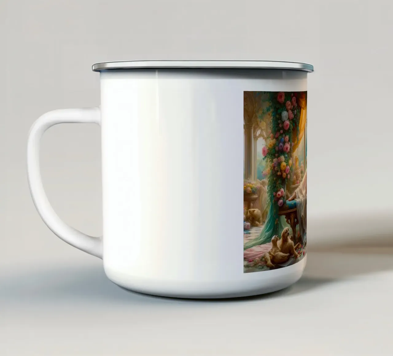 Lover's Fairy Tale Setting enamel mug by Chromatic Fusion Studio