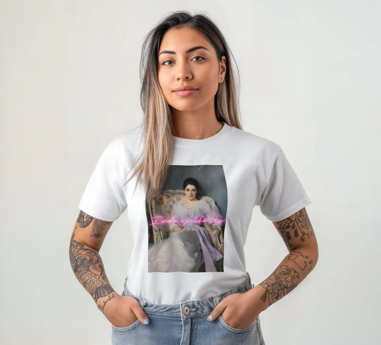 Woman Portrait - neon text - I woke up like this t-shirt da GraceDigitalArtCo