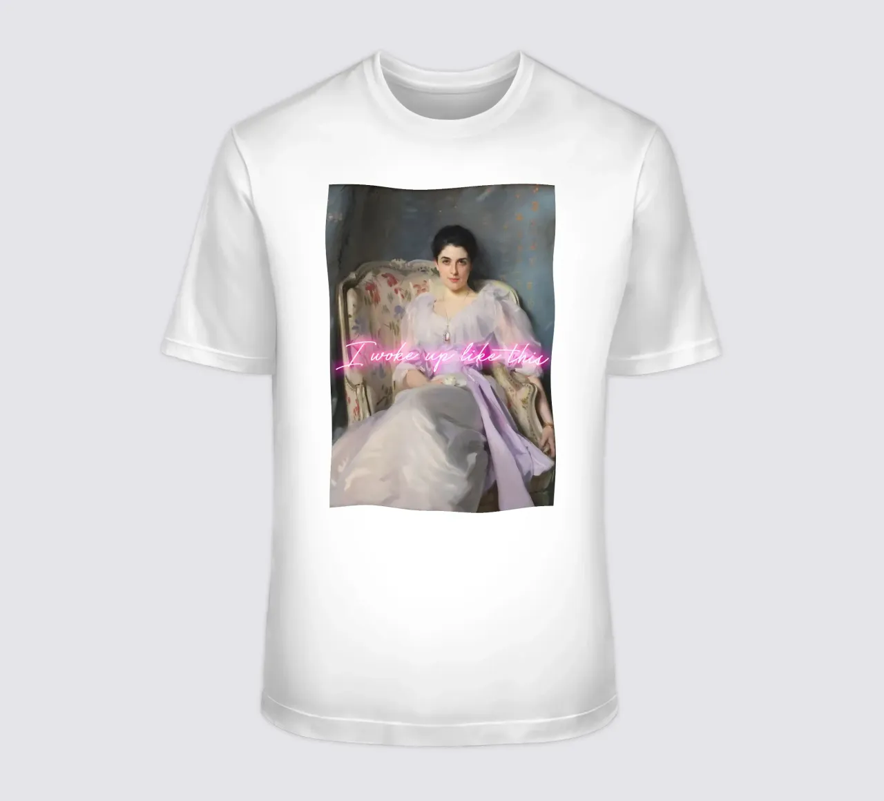 Woman Portrait - neon text - I woke up like this t-shirt da GraceDigitalArtCo