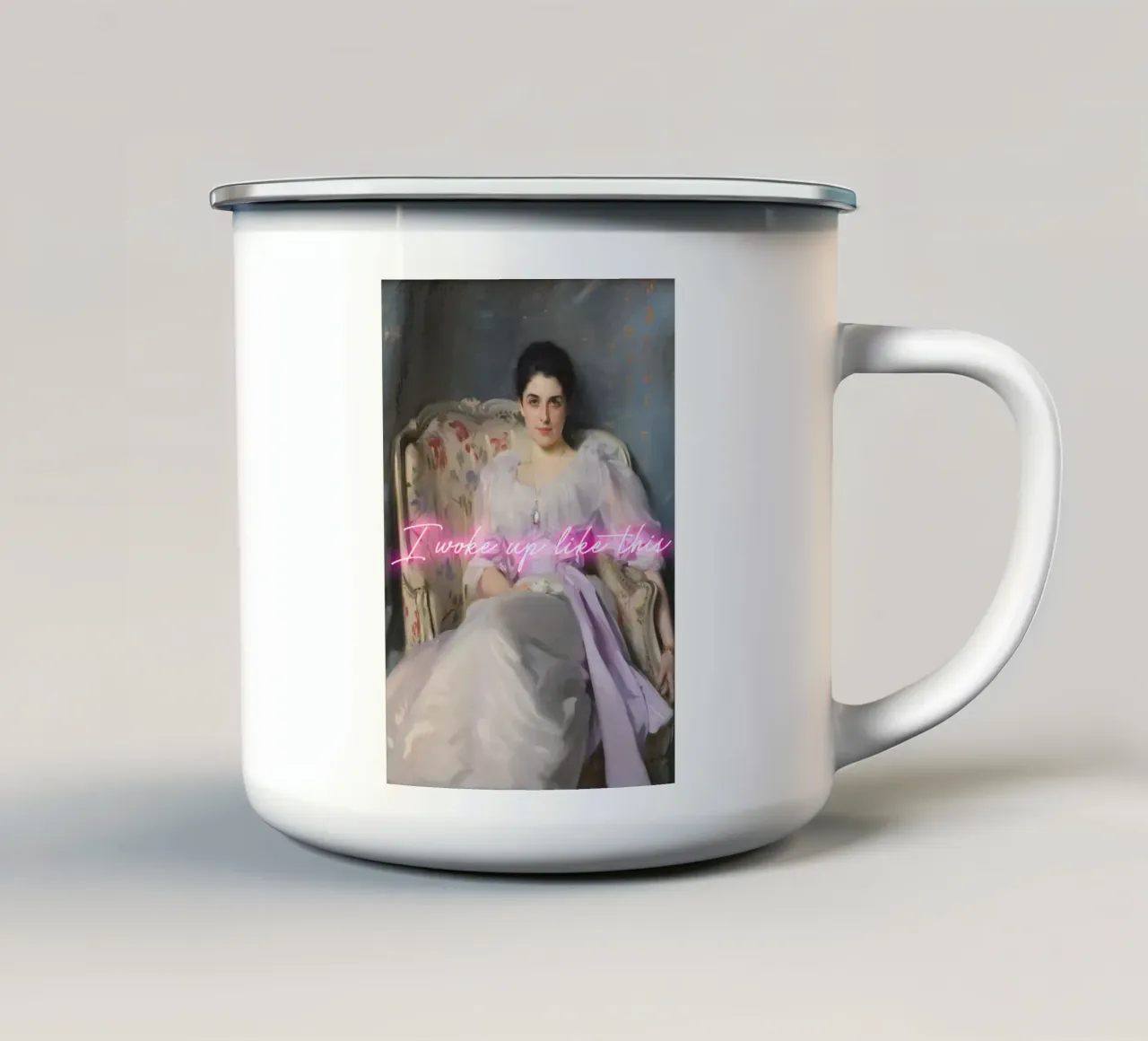 Woman Portrait - neon text - I woke up like this tazza in smalto da GraceDigitalArtCo