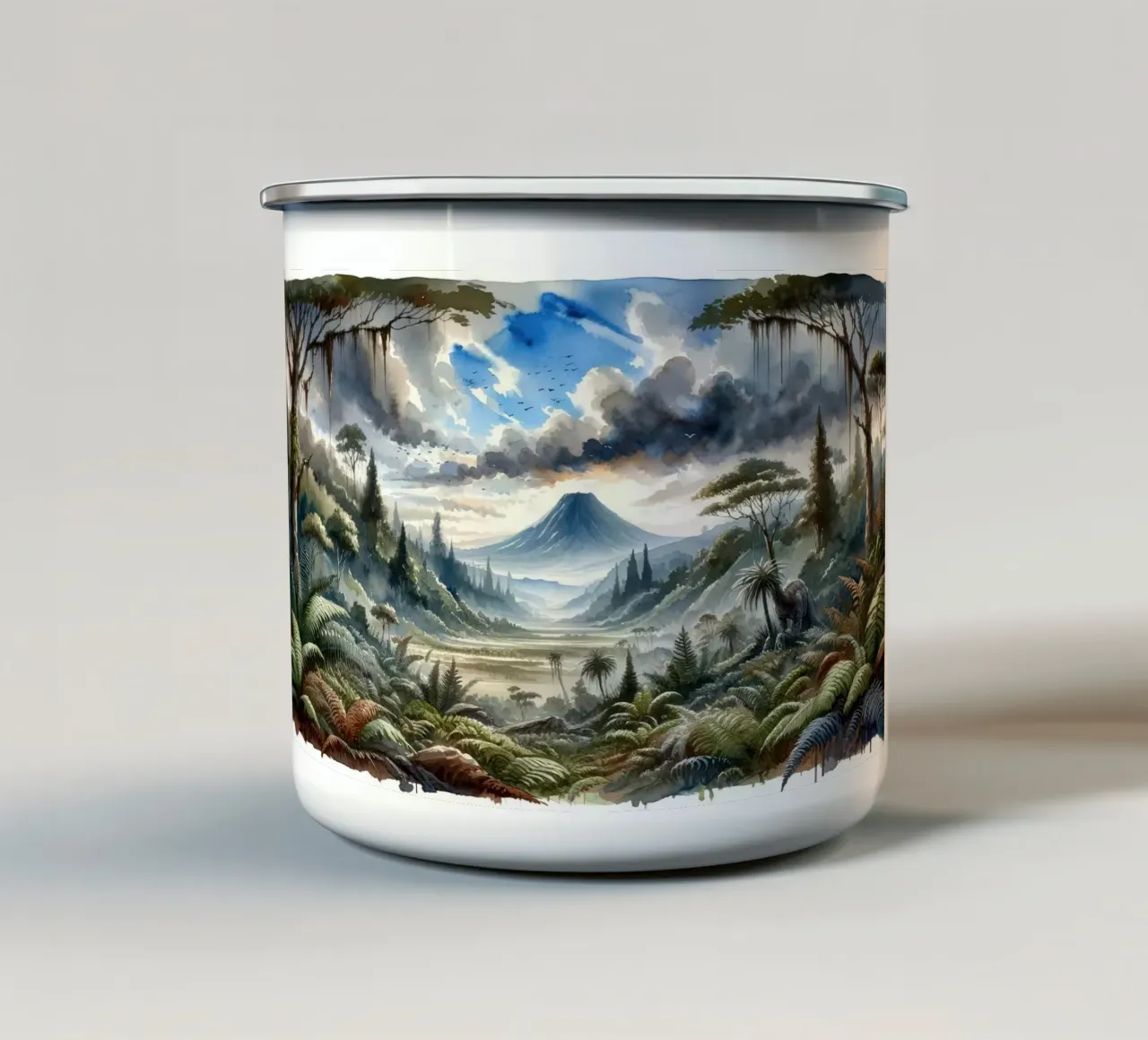 Valle della giungla lussureggiante con montagne tazza in smalto da Chromatic Fusion Studio