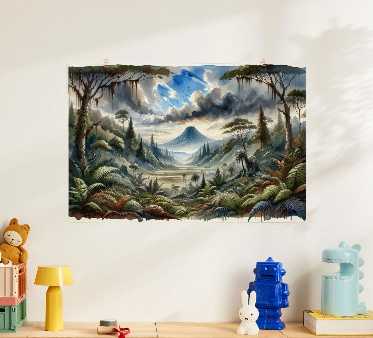 Weelderige jungledal met bergen poster van Chromatic Fusion Studio