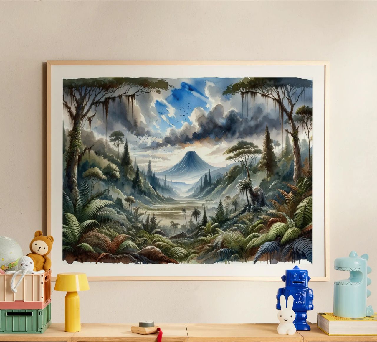 Weelderige jungledal met bergen poster van Chromatic Fusion Studio
