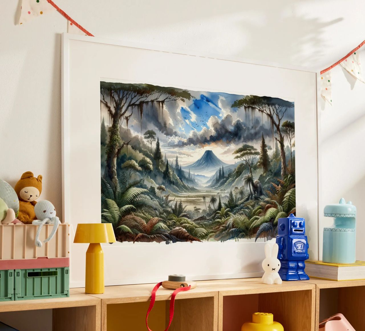 Weelderige jungledal met bergen poster van Chromatic Fusion Studio