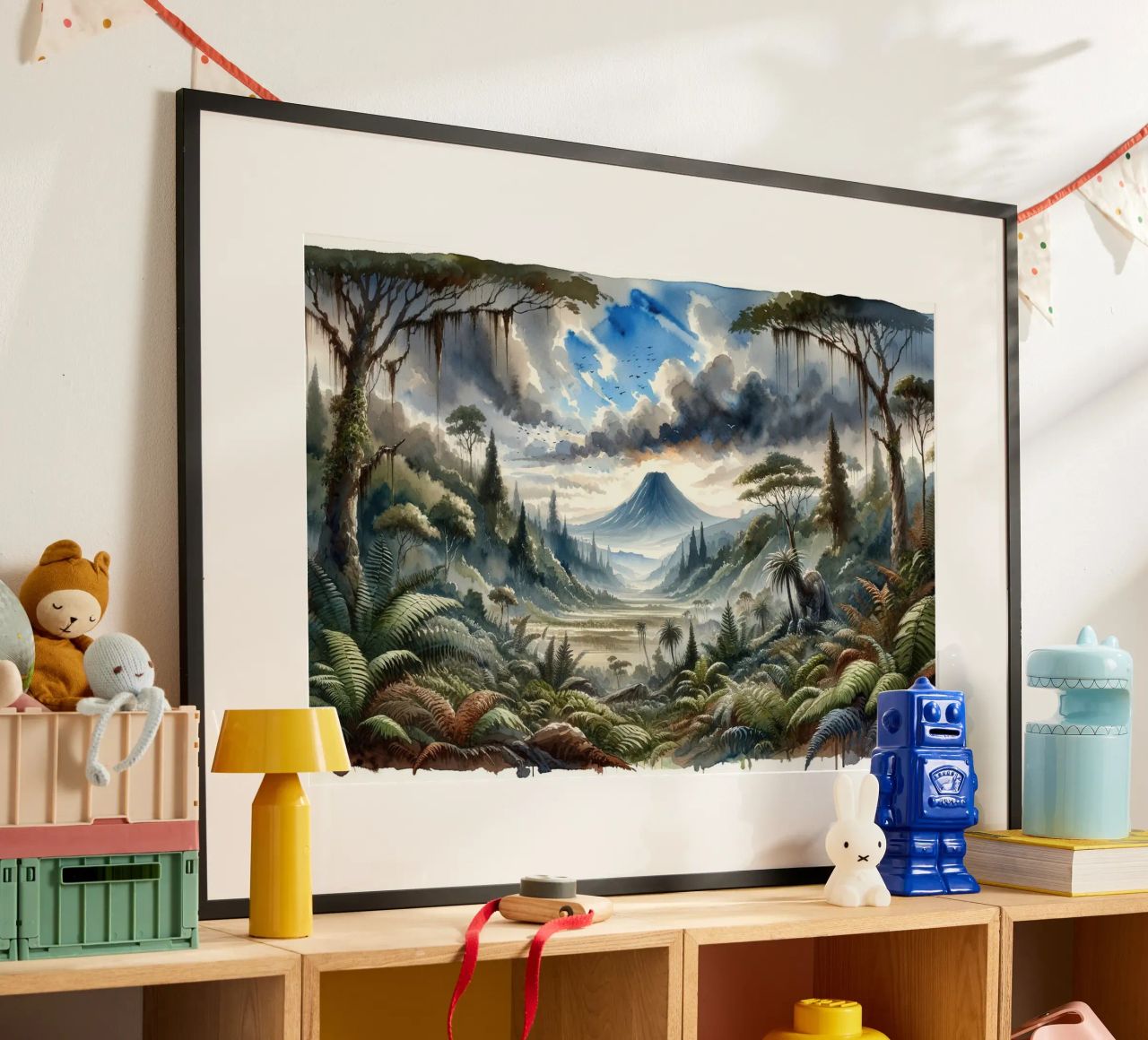 Weelderige jungledal met bergen poster van Chromatic Fusion Studio