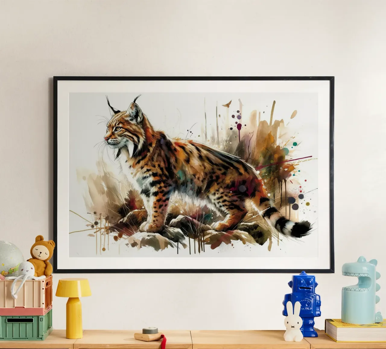 Scena selvaggia della lince poster con telaio in legno da Chromatic Fusion Studio