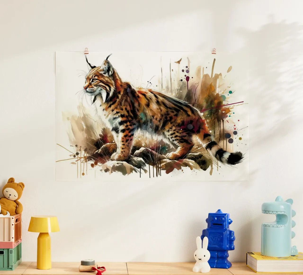 Scena selvaggia della lince poster con telaio in legno da Chromatic Fusion Studio