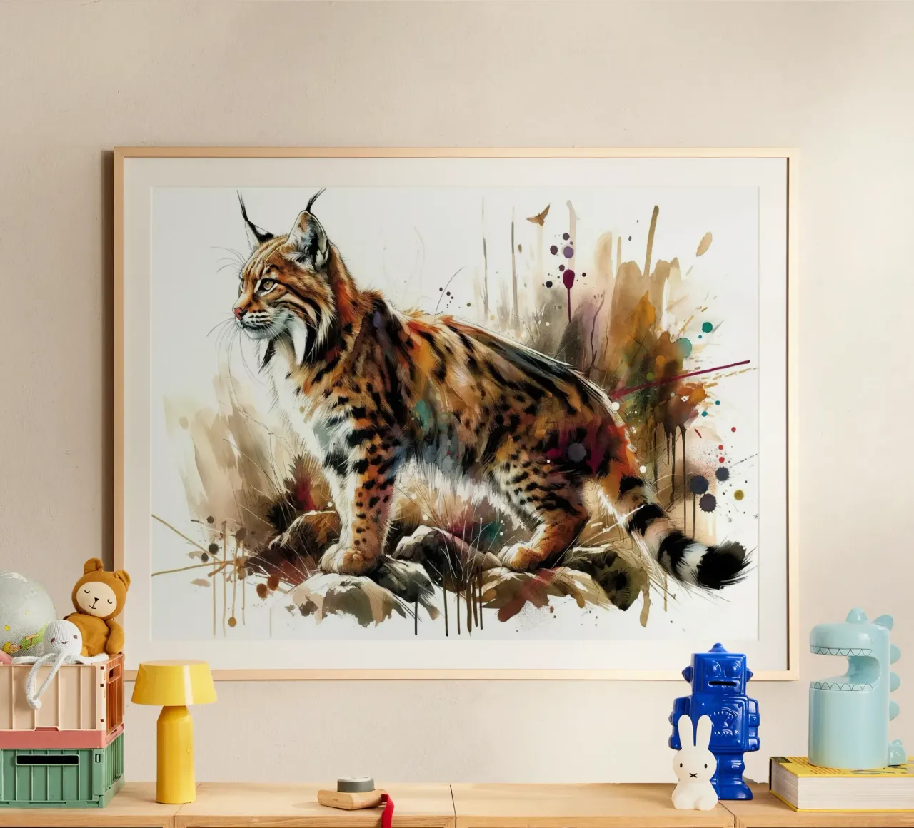 Scena selvaggia della lince poster con telaio in legno da Chromatic Fusion Studio
