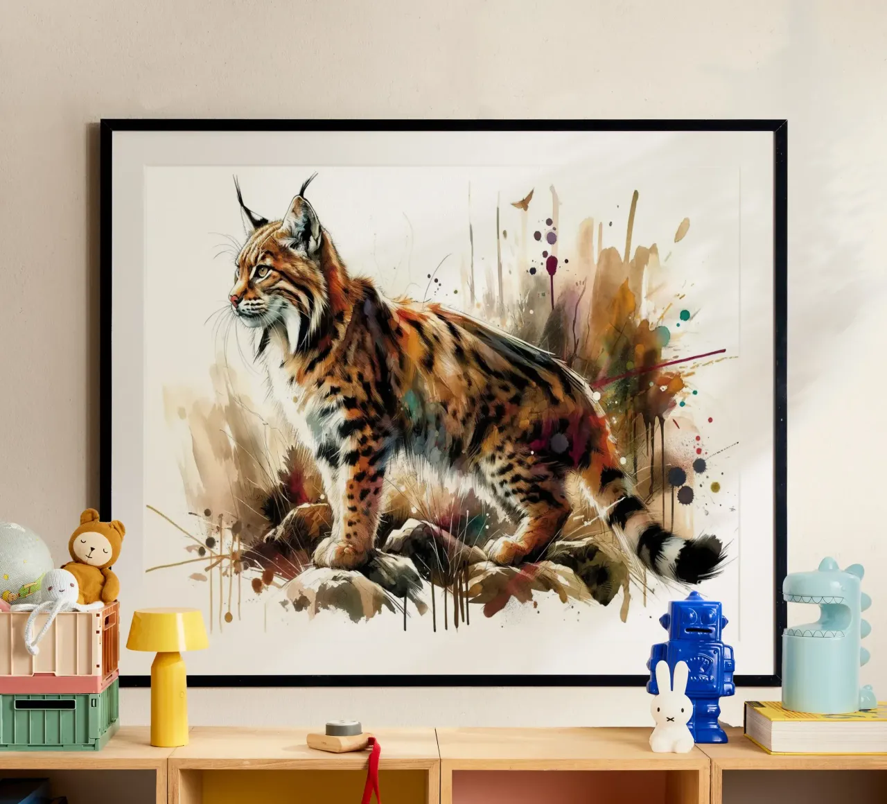 Scena selvaggia della lince poster con telaio in legno da Chromatic Fusion Studio
