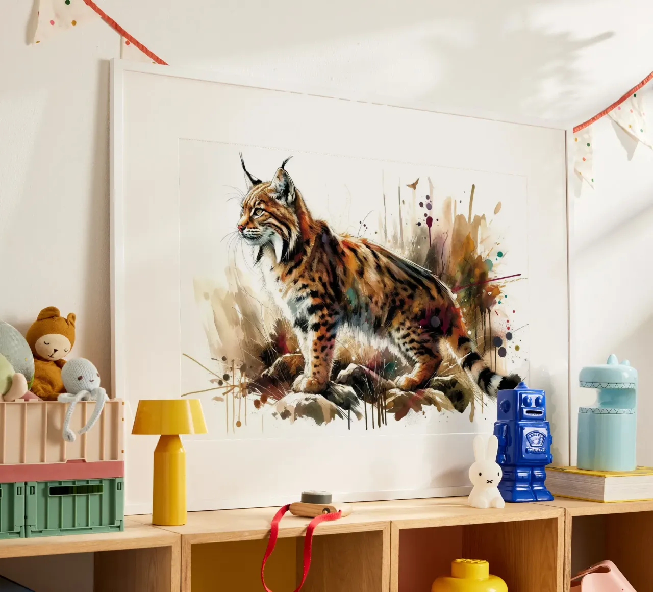 Scena selvaggia della lince poster con telaio in legno da Chromatic Fusion Studio