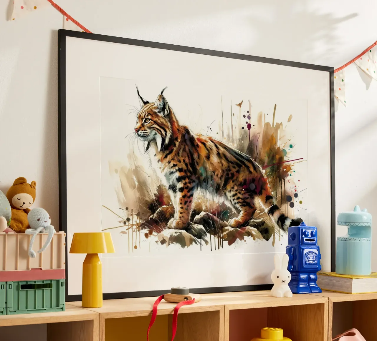 Scena selvaggia della lince poster con telaio in legno da Chromatic Fusion Studio
