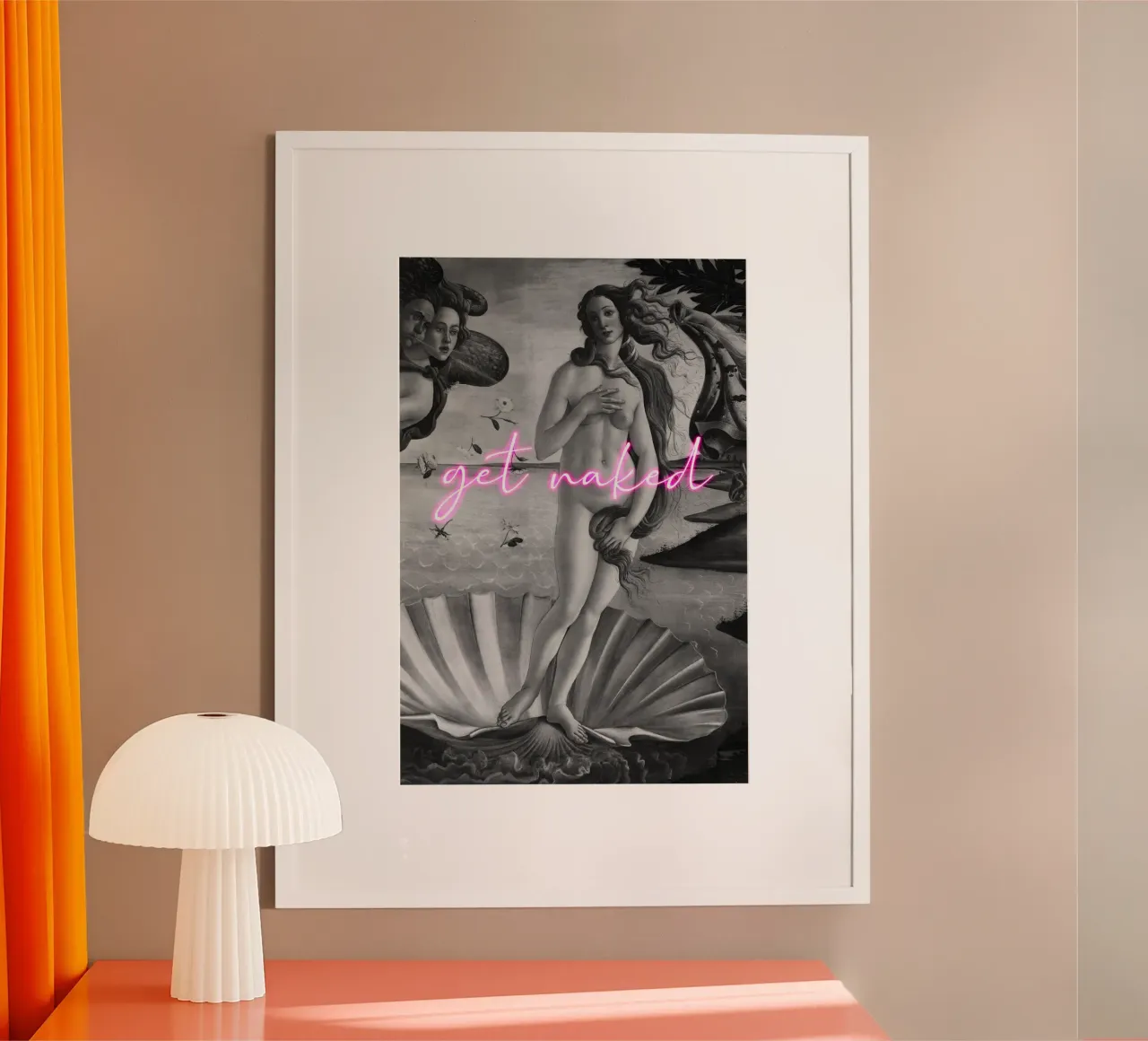Venus Get Naked Black and White with Neon Pink Font poster con telaio in legno da GraceDigitalArtCo