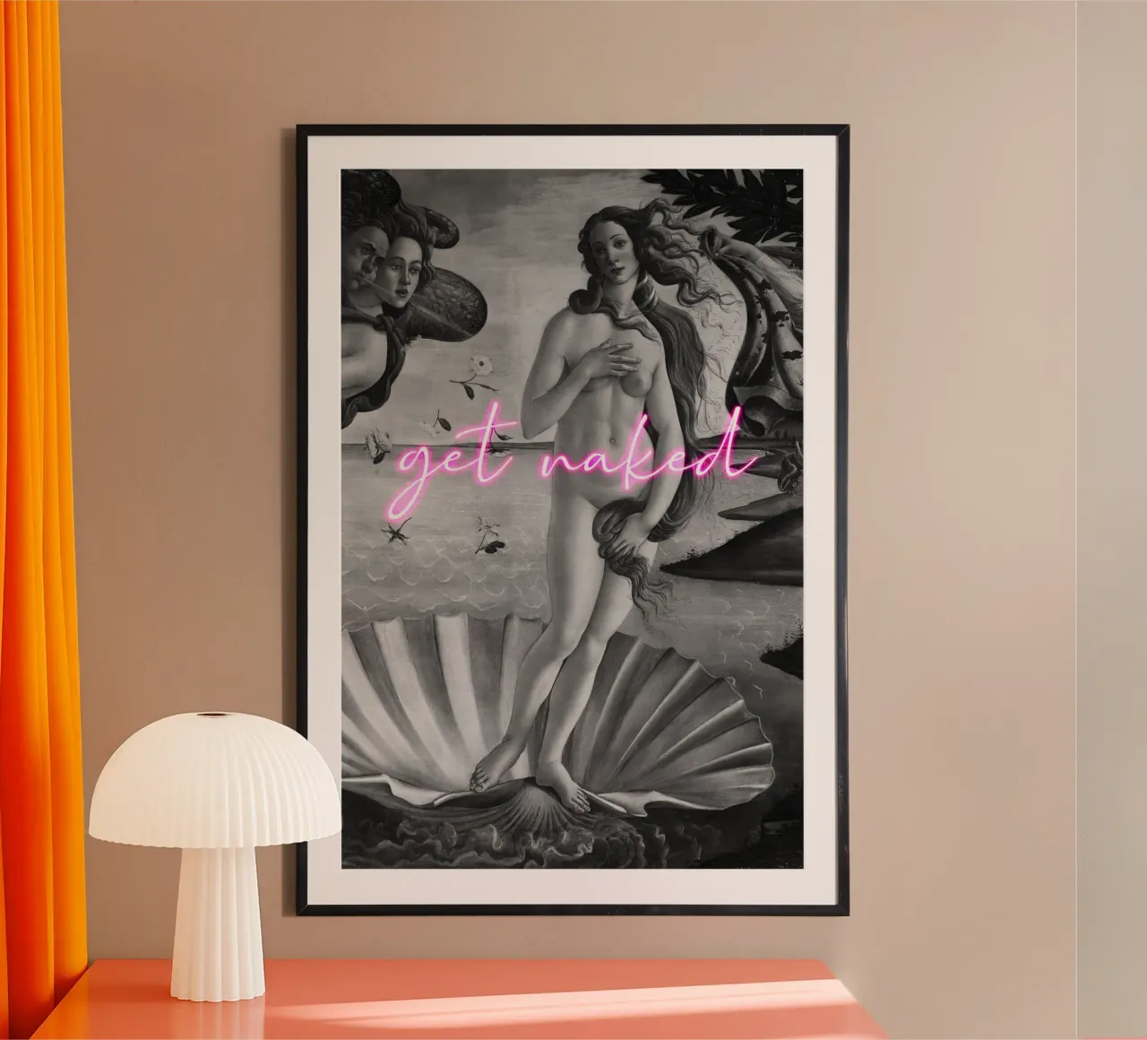 Venus Get Naked Black and White with Neon Pink Font poster con telaio in legno da GraceDigitalArtCo