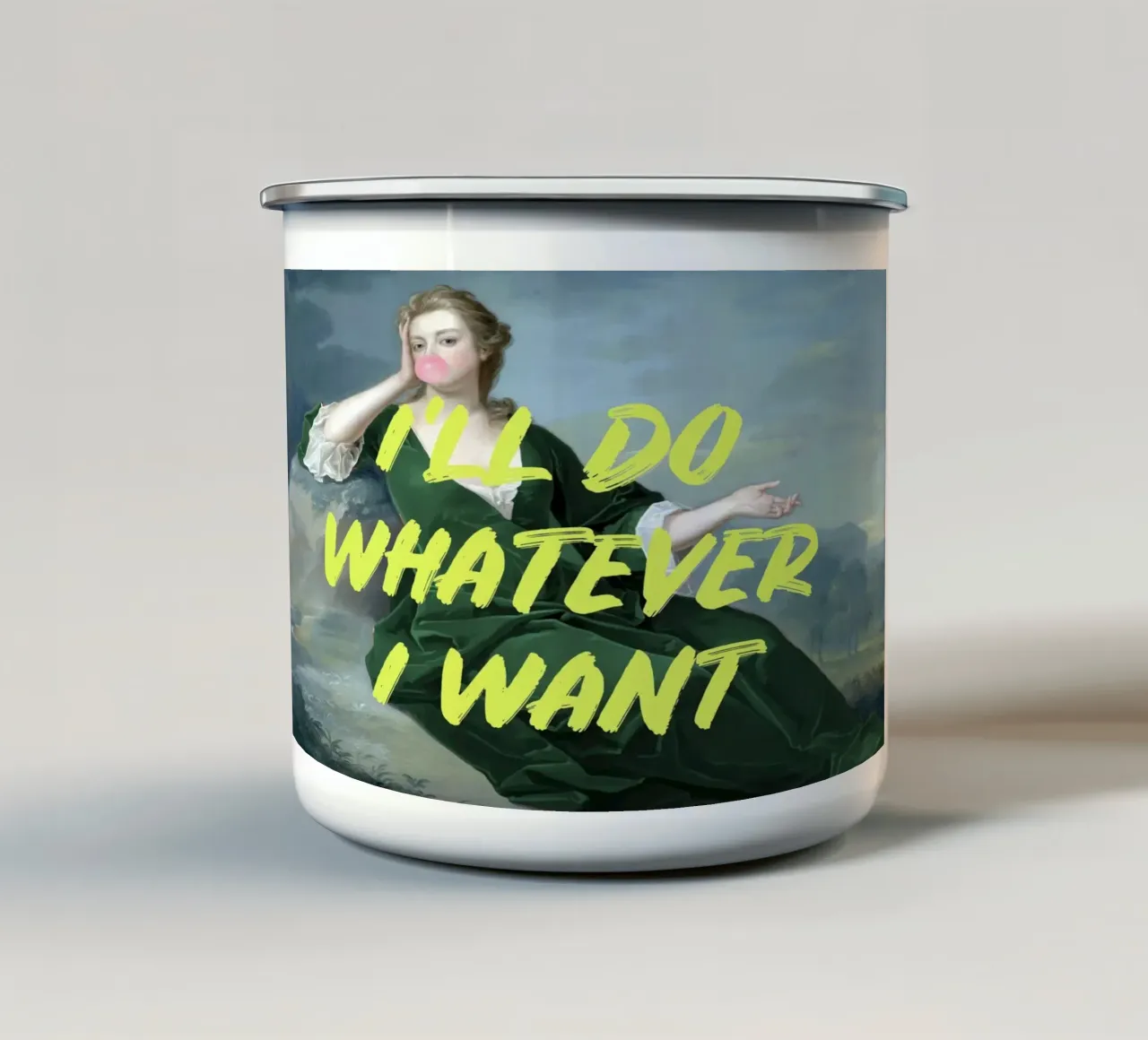 Neon Yellow Altered Portrait of a Woman tazza in smalto da GraceDigitalArtCo