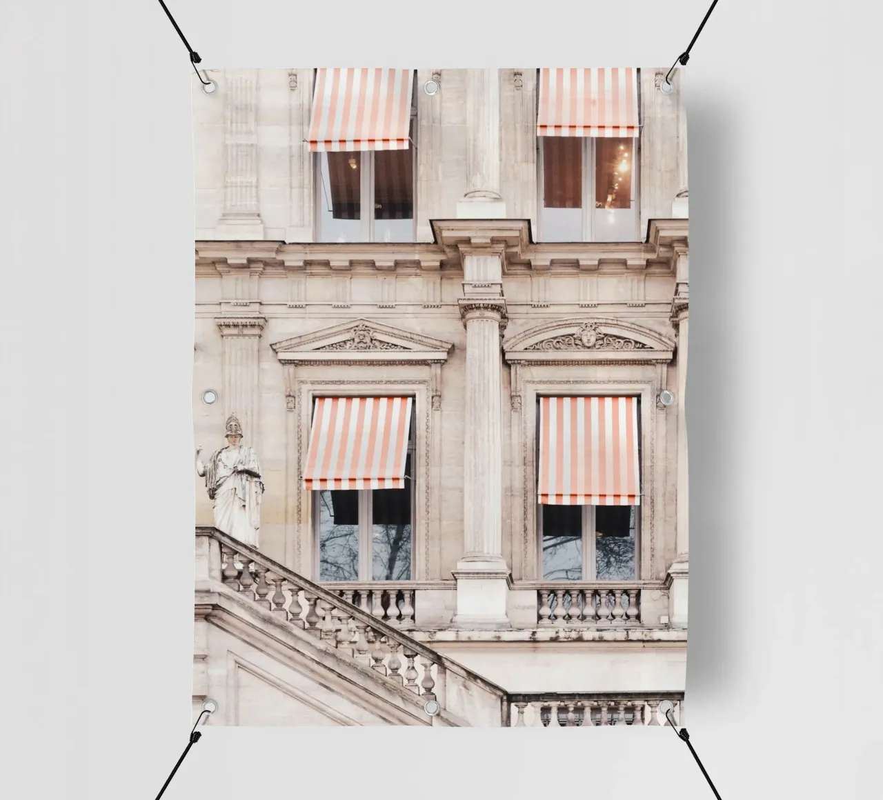 Paris Building with White and Orange Striped Awning telo in pvc da GraceDigitalArtCo