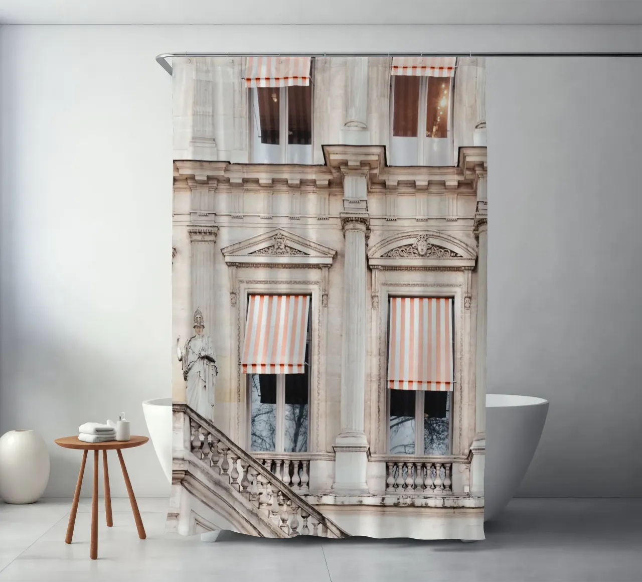 Paris Building with White and Orange Striped Awning Duschvorhang von GraceDigitalArtCo