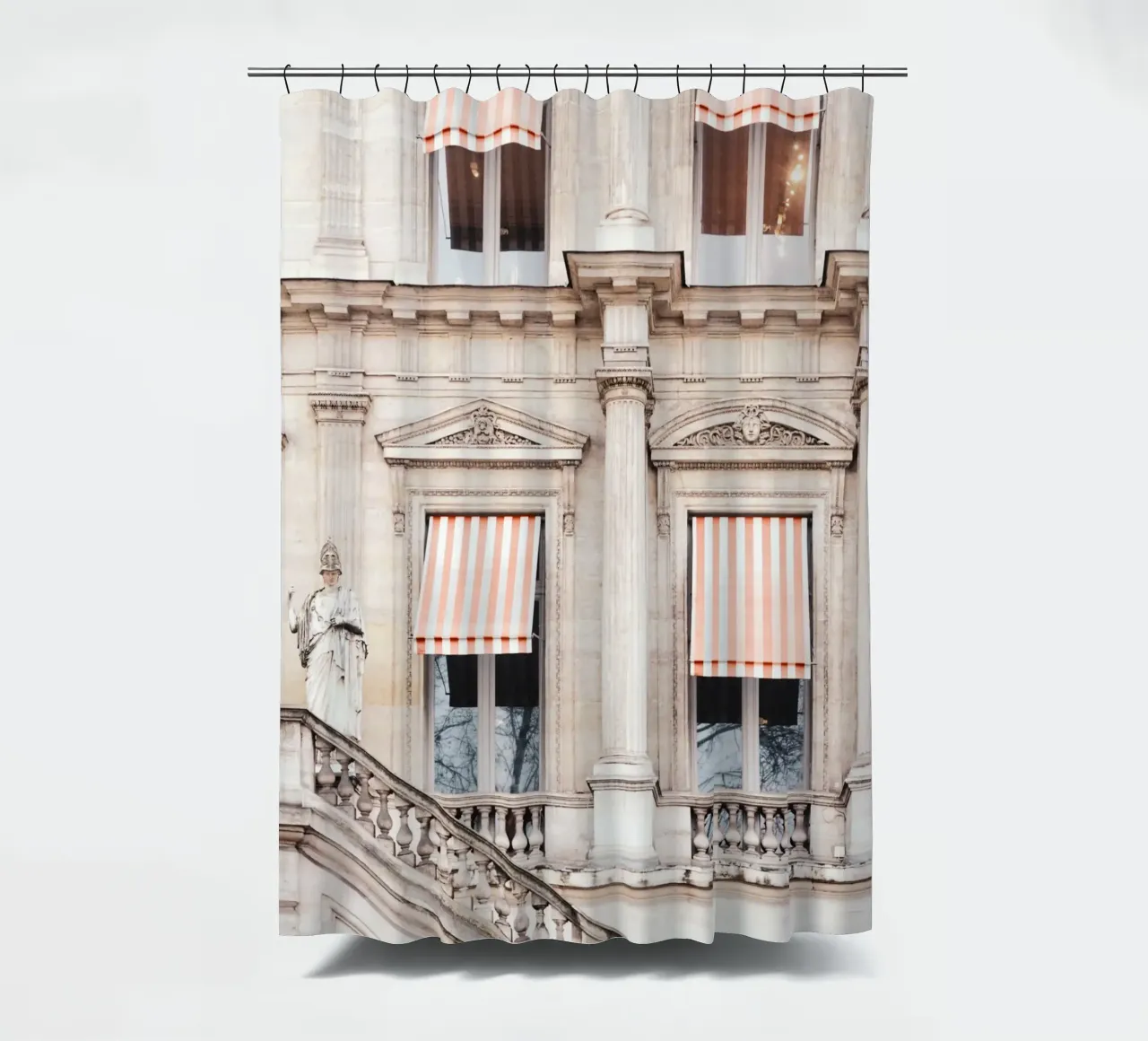 Paris Building with White and Orange Striped Awning Duschvorhang von GraceDigitalArtCo