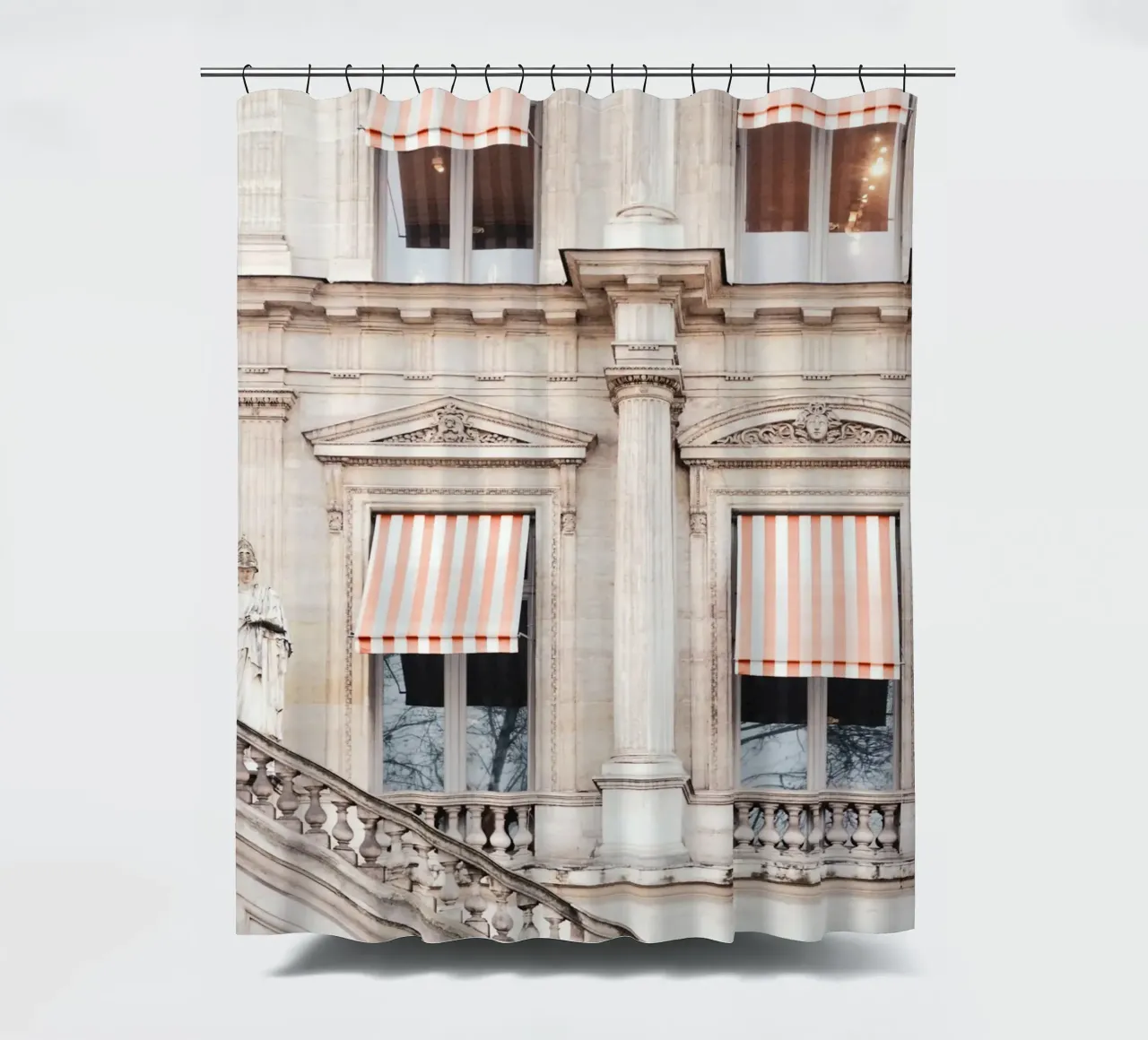 Paris Building with White and Orange Striped Awning Duschvorhang von GraceDigitalArtCo