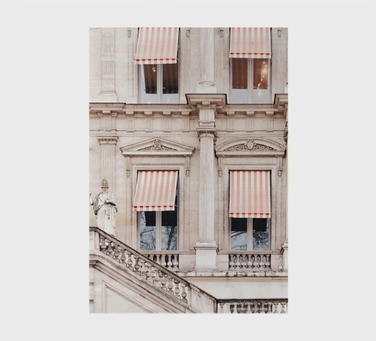 Paris Building with White and Orange Striped Awning notebook by GraceDigitalArtCo