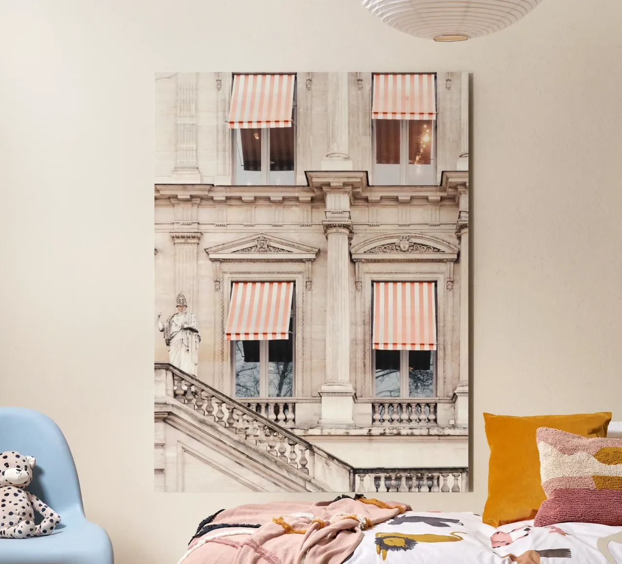 Paris Building with White and Orange Striped Awning alluminio dibond da GraceDigitalArtCo